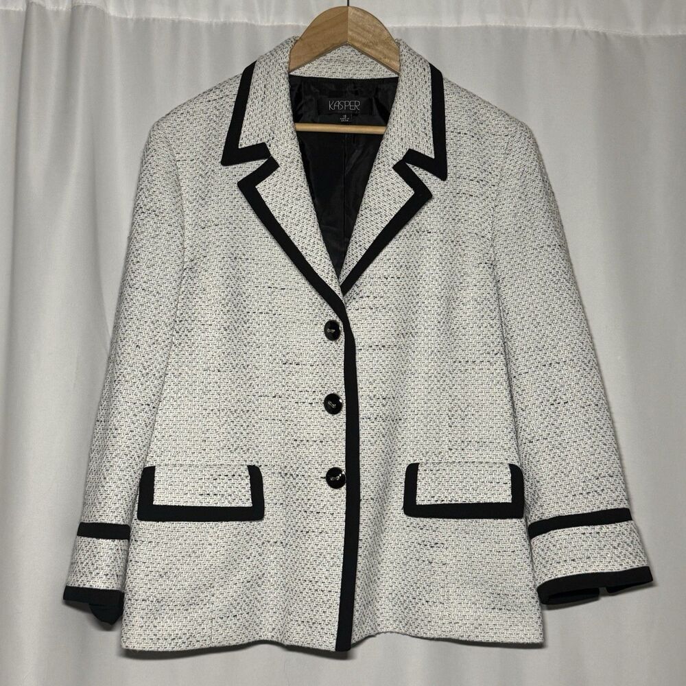 Kasper Tweed Contrast Black White 3 Button Women's Blazer Jacket Plus Size 18 - Picture 2 of 16